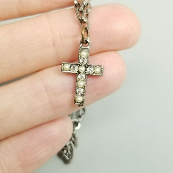 Vintage Rhinestone Cross Charm Bracelet, Silver Tone, Clasp Marked Ster - Picture 1 of 7